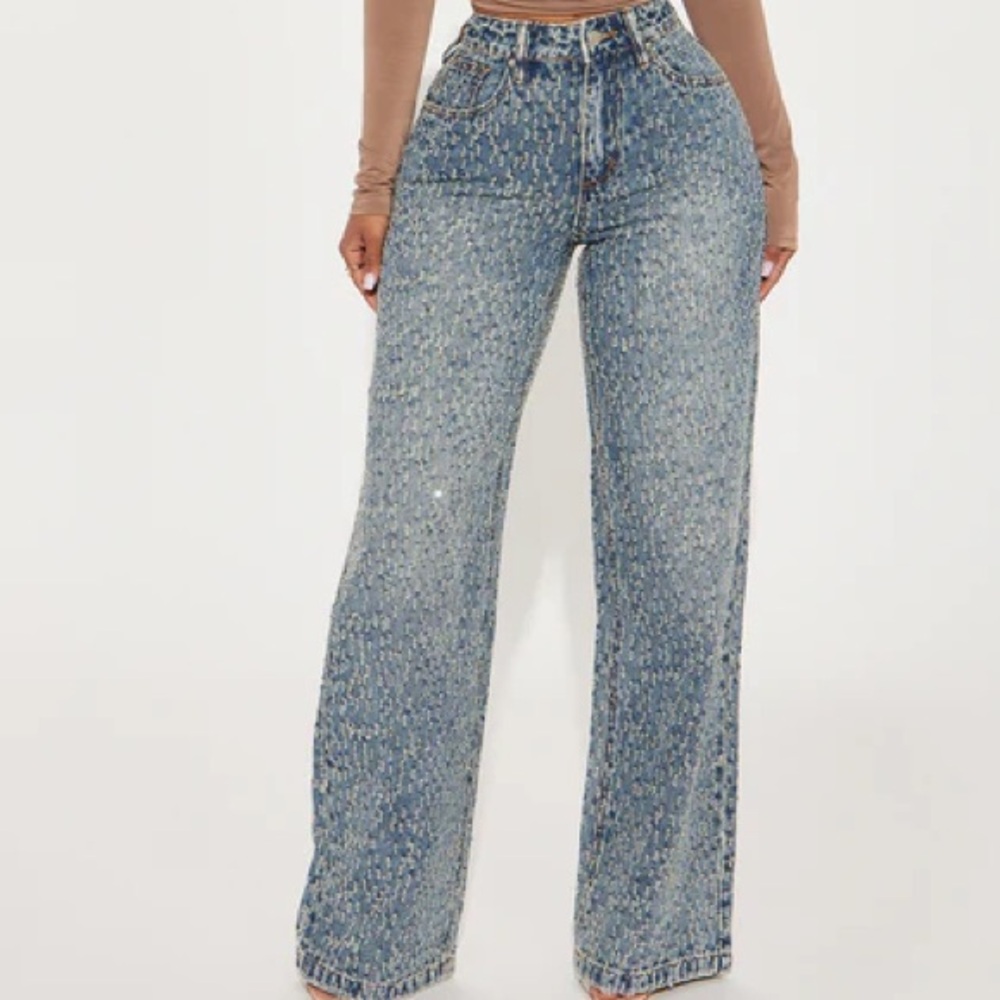 Rhinestone Embellished Wide Leg Jeans - Medium Wash